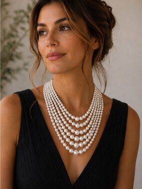Vintage Italian Multi Strand Faux Pearl Necklace Statement Collar